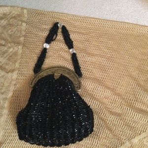 Vintage evening bag  black beaded, gold scrolled closure